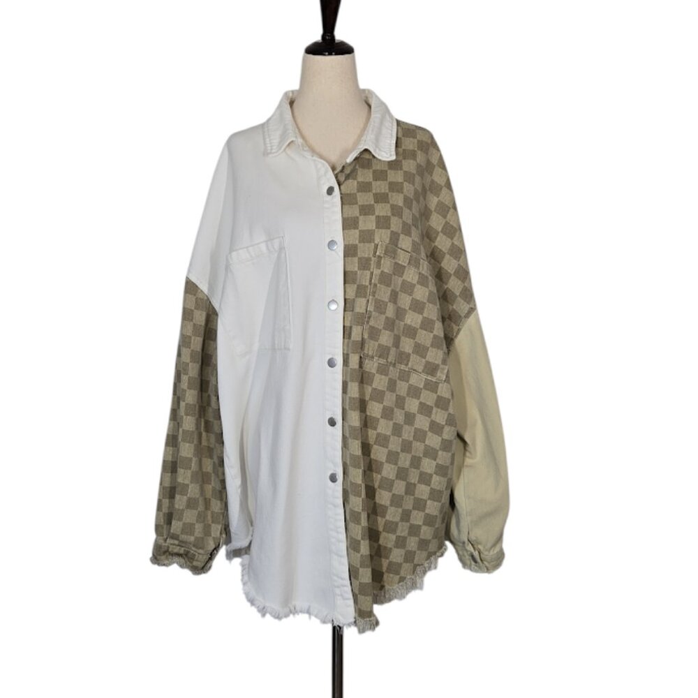 POL Women’s Size L Oversized Patchwork Cotton Jacket Checkerboard Button Front